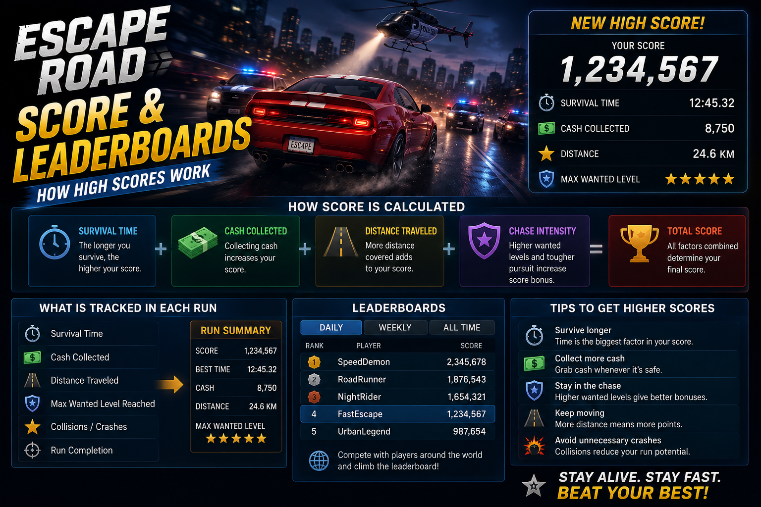 Escape Road score and leaderboards guide showing a police chase, high score and leaderboard rankings