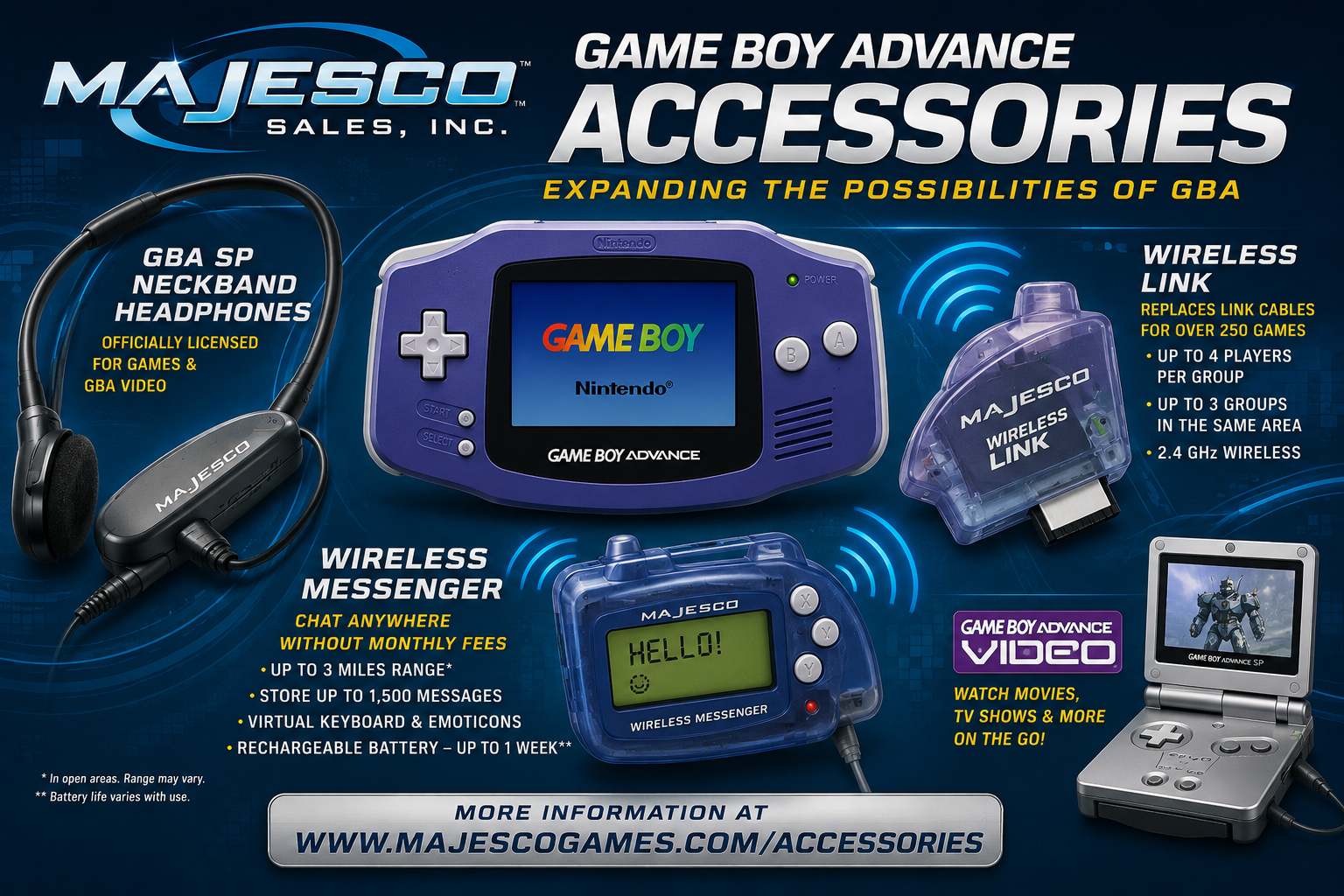 Majesco Game Boy Advance accessories Wireless Link Wireless Messenger and GBA SP headphones archive illustration