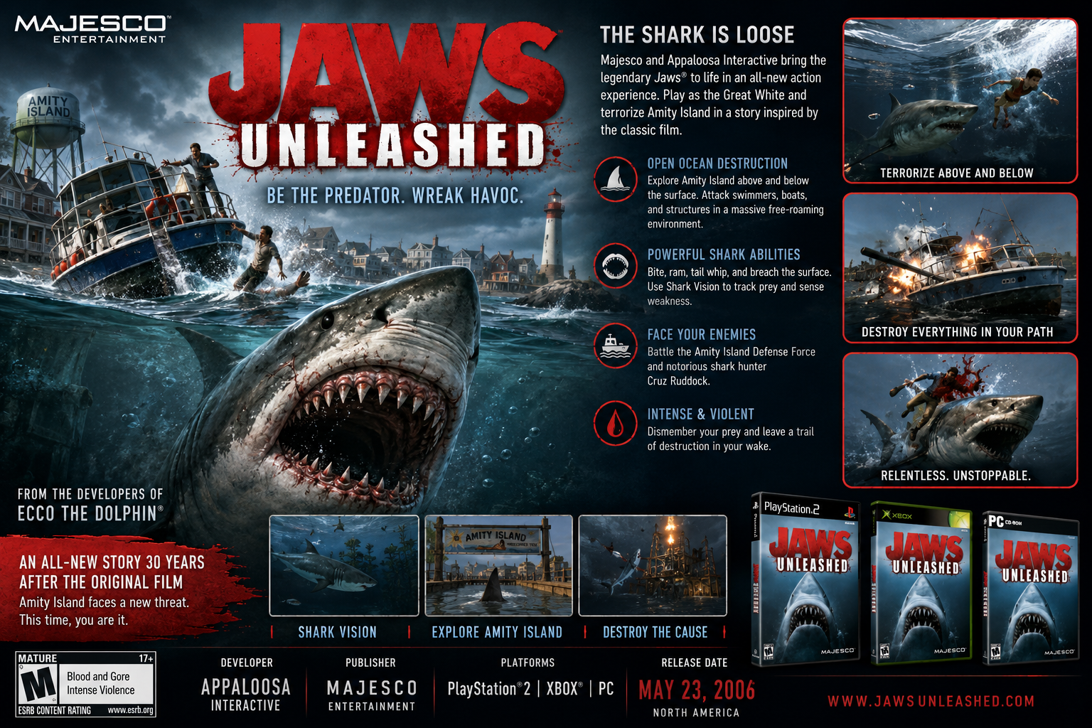 Jaws Unleashed Majesco Appaloosa 2006 shark action game archive illustration